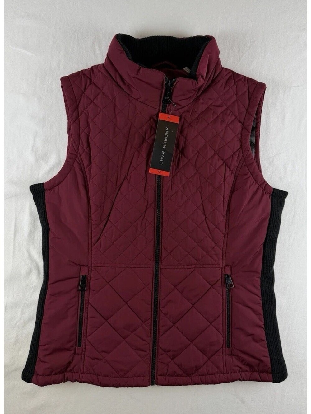 Andrew Marc Women’s Quilted Puffer Vest Burgundy Black Zip Medium NWT